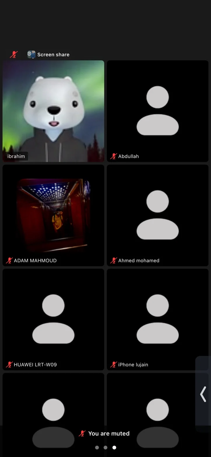 A video call where most students show an avatar and one shows a live camera.